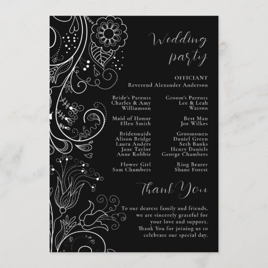 Silver and Black Elegane Floral Wedding Program Programm (Rückseite)