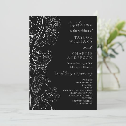 Silver and Black Elegane Floral Wedding Program Programm (Stehend Vorderseite)