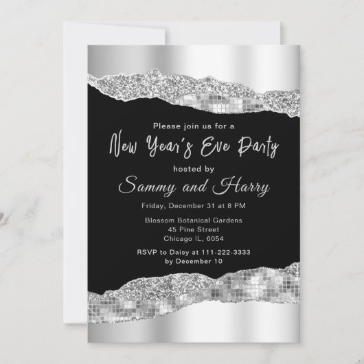 Silver and Black Glam Tränen Silvester Party Einladung (Vorderseite)
