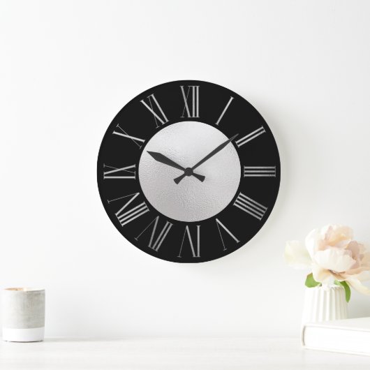 Silver and Black on SIlver Foil Large Clock Große Wanduhr (Zuhause)