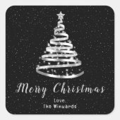 Silver and Black Ribbon Tree Frohe Weihnachten Quadratischer Aufkleber (Vorderseite)