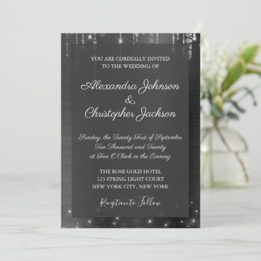 Silver and Black Sparkle Wedding Einladung (Stehend Vorderseite)