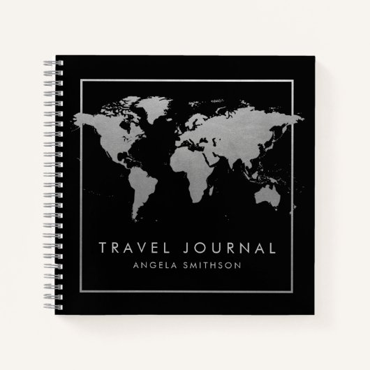 Silver and Black World Map Travel Journal Notizblock (Vorderseite)