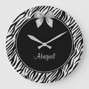 Silver and Black Zebra Print Personalized Große Wanduhr