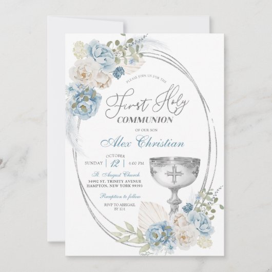 Silver and Blue Boho Boy First Heilige Kommune Einladung (Vorderseite)