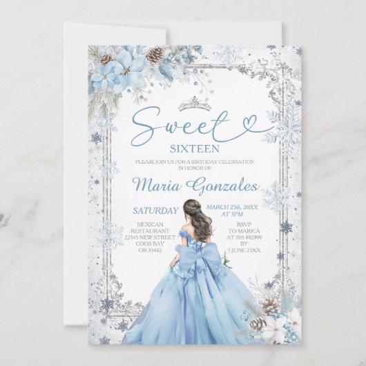 Silver and Blue Christmas Sweet Sixteen Birthday Einladung (Vorderseite)