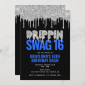 Silver and Blue Drippin Swag 16 Geburtstag Einladung (Vorne/Hinten)