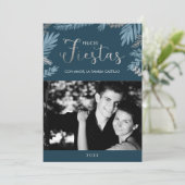 Silver and Blue Felices Fiestas Foto Holiday Card (Stehend Vorderseite)