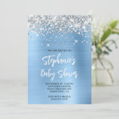 Silver and Blue Glam Online Registry Baby Dusche Einladung (Stehend Vorderseite)