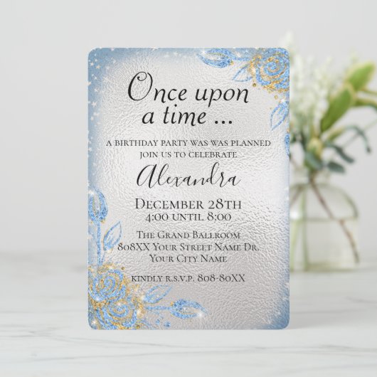 Silver and Blue Glitzer Fairy Tale Theme Party Einladung (Stehend Vorderseite)