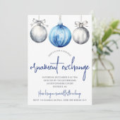 Silver and Blue Ornament Exchange Holiday Party Einladung (Stehend Vorderseite)