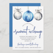Silver and Blue Ornament Exchange Holiday Party Einladung (Vorne/Hinten)