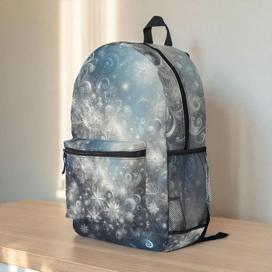Silver and Blue Snowflake Winter Bedruckter Rucksack