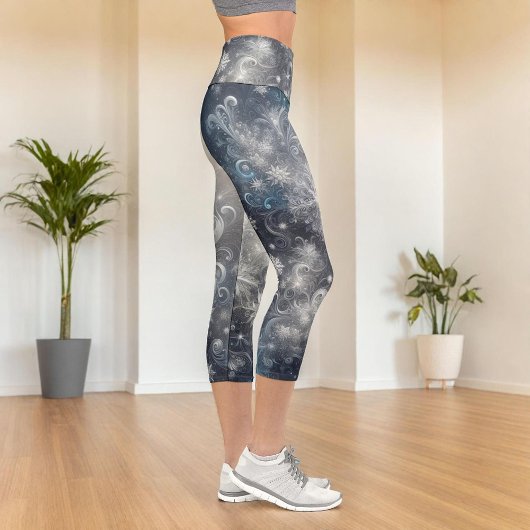 Silver and Blue Snowflake Winter Capri Leggings