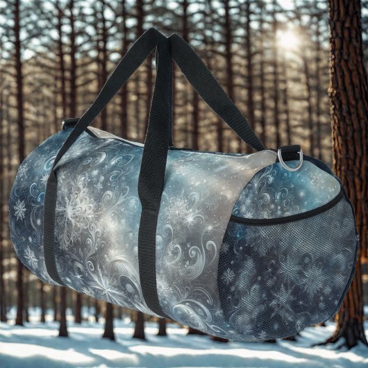 Silver and Blue Snowflake Winter Duffle Bag
