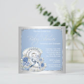 Silver and Blue Vintag Baby Boy Dusche Einladung (Stehend Vorderseite)