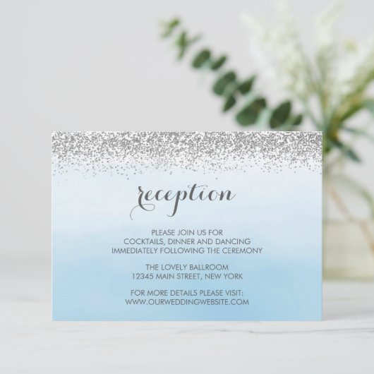 Silver and Blue Wedding Reception Enclosure Card RSVP Karte (Stehend Vorderseite)