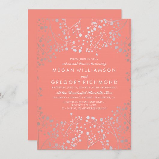 Silver and Coral Gipskraut Probe Dinner Einladung (Vorne/Hinten)