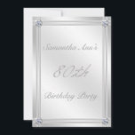 Silver and Diamond Effect 80. Geburtstagspartei Einladung<br><div class="desc">Diese elegante, feminine 5 x 7 Zoll Einladung für eine 80. Geburtstagsparty hat einen schattigen Hintergrund in silberfarbenen Metallic-Tönen mit Rohrbändern in den gleichen Farben. Die Ecken und der Text sind mit einem glühenden Diamantgemauersteineffekt verziert: Der 80. in einem dekorativen silbernen Schriftart schmückt das Zentrum. Andere Größen und Farben sind...</div>