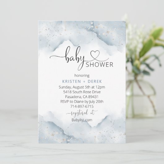 Silver and Dusty Blue Watercolor Babydusche Einladung (Stehend Vorderseite)