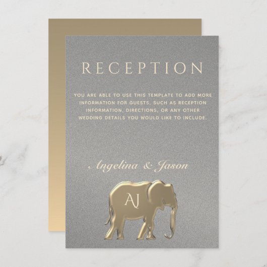 Silver and Gold Elephant Wedding Reception Card (Vorne/Hinten)