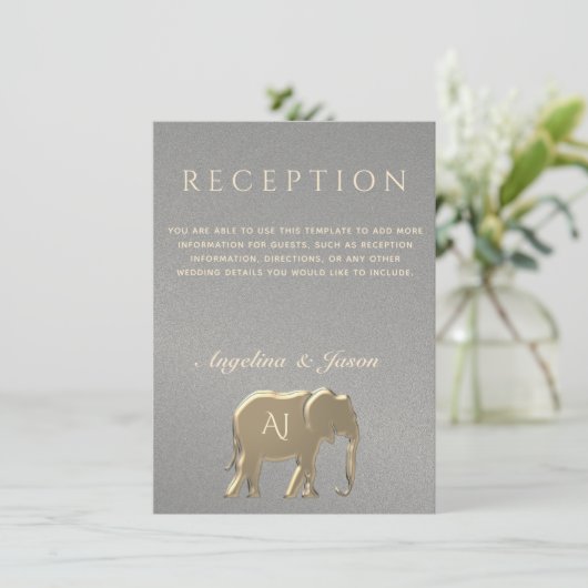 Silver and Gold Elephant Wedding Reception Card (Stehend Vorderseite)