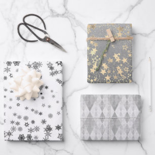 Silver and Gold Harlequin Snowflakes Stars Geschenkpapier Set