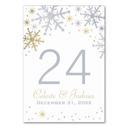Silver and Gold Snowflakes Wedding Monogram Tischnummer (Vorderseite)
