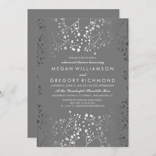 Silver and Grau Gipskraut Probe Dinner Einladung (Vorne/Hinten)