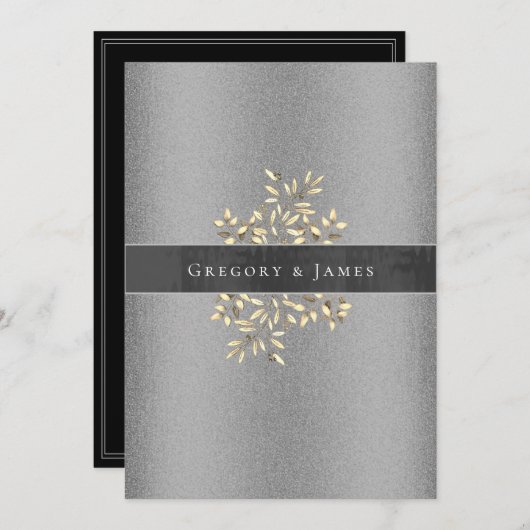 Silver and Gray Botanical Satin Ribbon Gay Wedding Einladung (Vorne/Hinten)