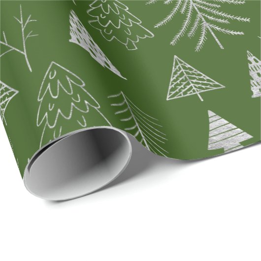 Silver and Green Christmas Tree Forest Pattern Geschenkpapier (Rolleneckpunkt)