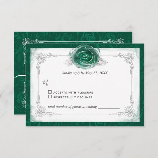 Silver and Green Rose Elegant RSVP Karte (Vorne/Hinten)
