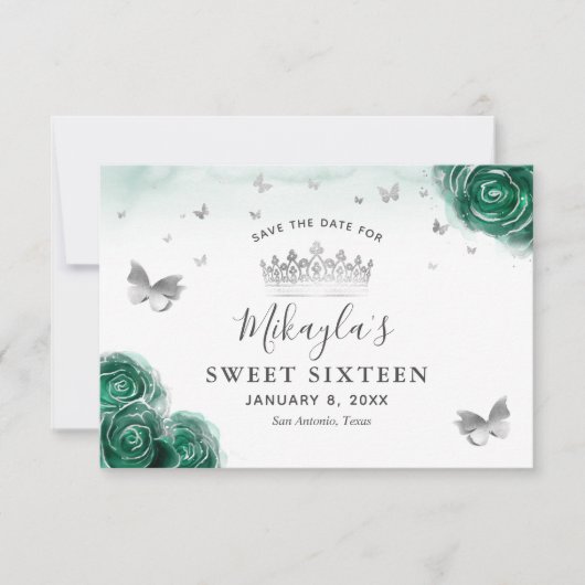 Silver and Green Rose Elegant Save The Date (Vorderseite)