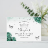 Silver and Green Rose Elegant Save The Date (Stehend Vorderseite)
