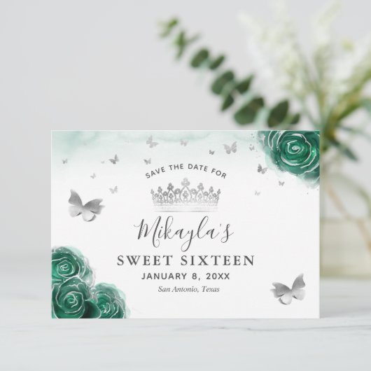 Silver and Green Rose Elegant Save The Date (Stehend Vorderseite)