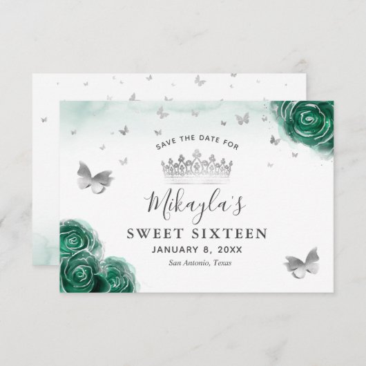 Silver and Green Rose Elegant Save The Date (Vorne/Hinten)