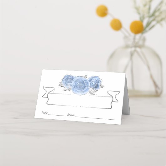 Silver and Light Baby Blue Rose Elegant Platzkarte (Vorderseite)