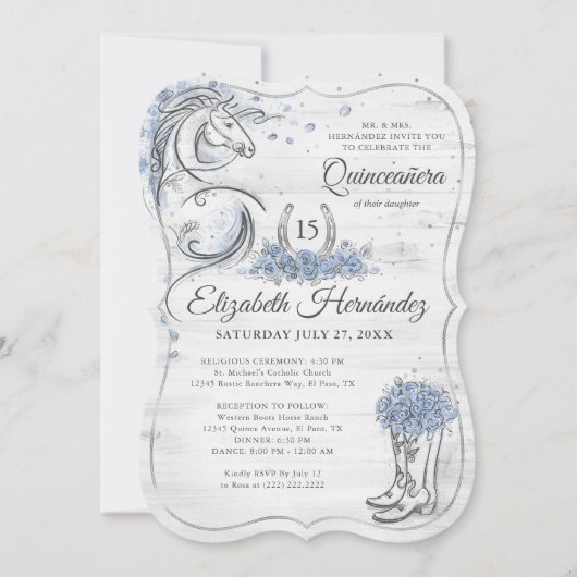Silver and Light Blue Quince Rustikales Pferd Gebu Einladung (Vorderseite)