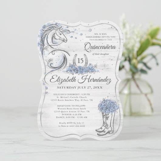 Silver and Light Blue Quince Rustikales Pferd Gebu Einladung (Stehend Vorderseite)