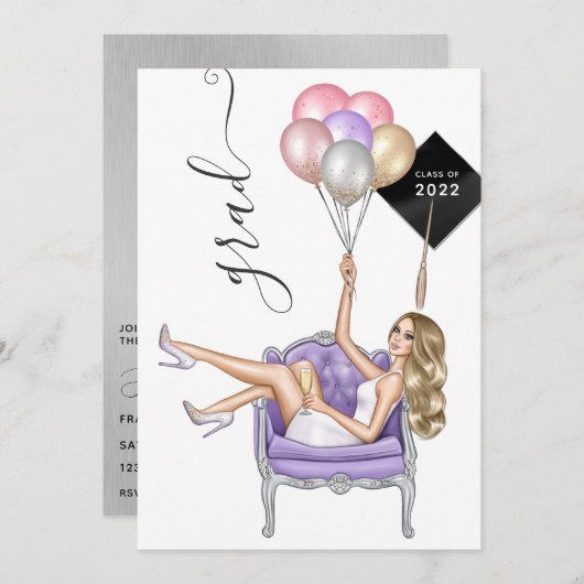 Silver and Lila Blonde Balloon Girl Abschluss Einladung (Vorne/Hinten)