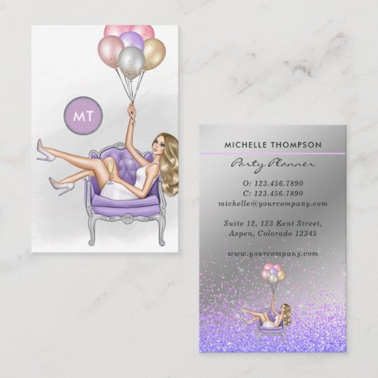 Silver and Lila Monogram Balloon Party Girl Visitenkarte (Vorne/Hinten)