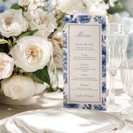 Silver And Navy Blue Wedding Flat Menu Menükarte