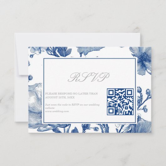 Silver And Navy Blue Wedding QR code RSVP Card Karte (Vorderseite)