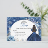 Silver and Navy Blue Winter Snowflake Quinceanera RSVP Karte (Stehend Vorderseite)