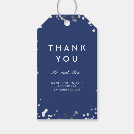 Silver and Navy Confetti Elegant Wedding Geschenkanhänger (Vorderseite)