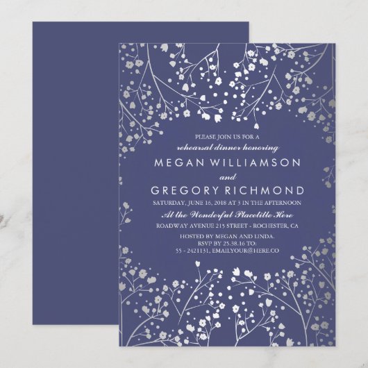 Silver and Navy Gipskraut Probe Dinner Einladung (Vorne/Hinten)