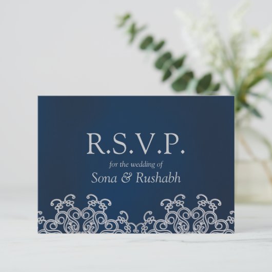 Silver and Navy Indian Style Wedding RSVP Card (Stehend Vorderseite)