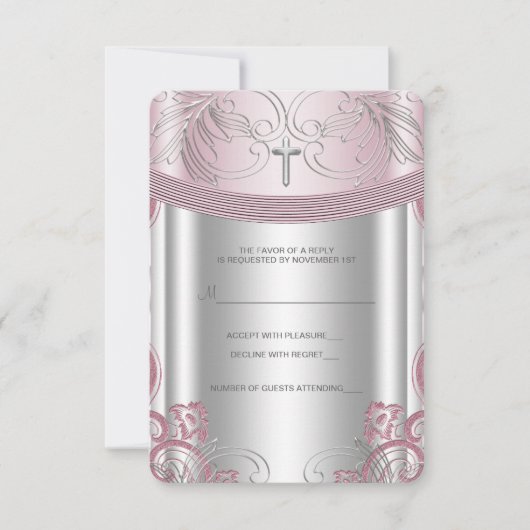 Silver and Pink Baby Girl Christening UAWG RSVP Karte (Vorderseite)
