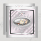 Silver and Pink Stork Baby Dusche Einladung (Vorne/Hinten)