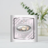 Silver and Pink Stork Baby Dusche Einladung (Stehend Vorderseite)
